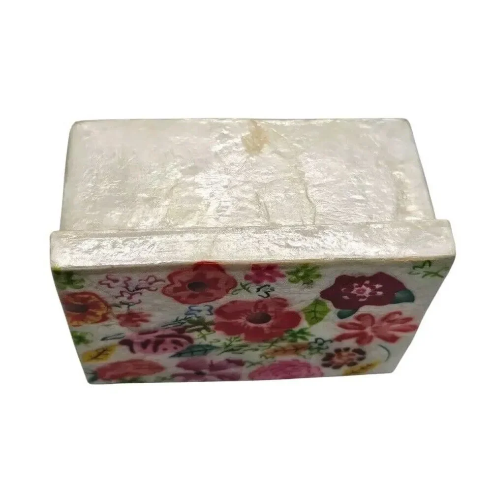 Capiz Oyster Mother of Pearl Shell Box Red Pink Floral Design Lid‎ Trinket Box